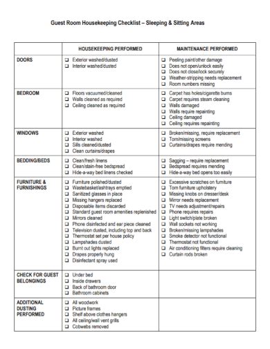 guest room checklist samples cleaning inspection maintenance