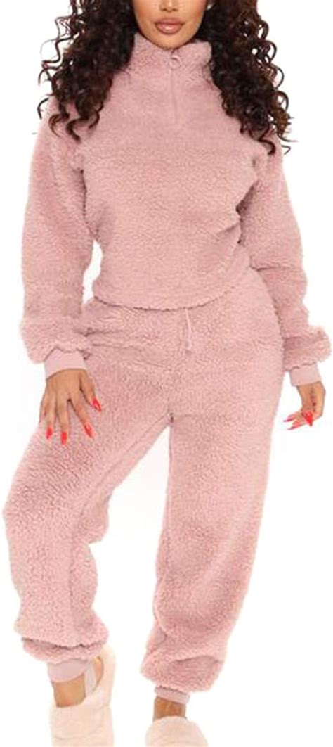 Womens 2 Piece Outfits Warmlong Sleeve Zipper Fuzzy Fleece Sweatpants Tracksuit Set Causal