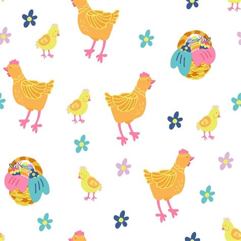 Modèle Sans Couture De Vecteur Avec Camomille De Poules Et Paniers En