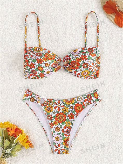 SHEIN Swim Split Ditsy Floral Bikini Set Ring Linked Bikini Set