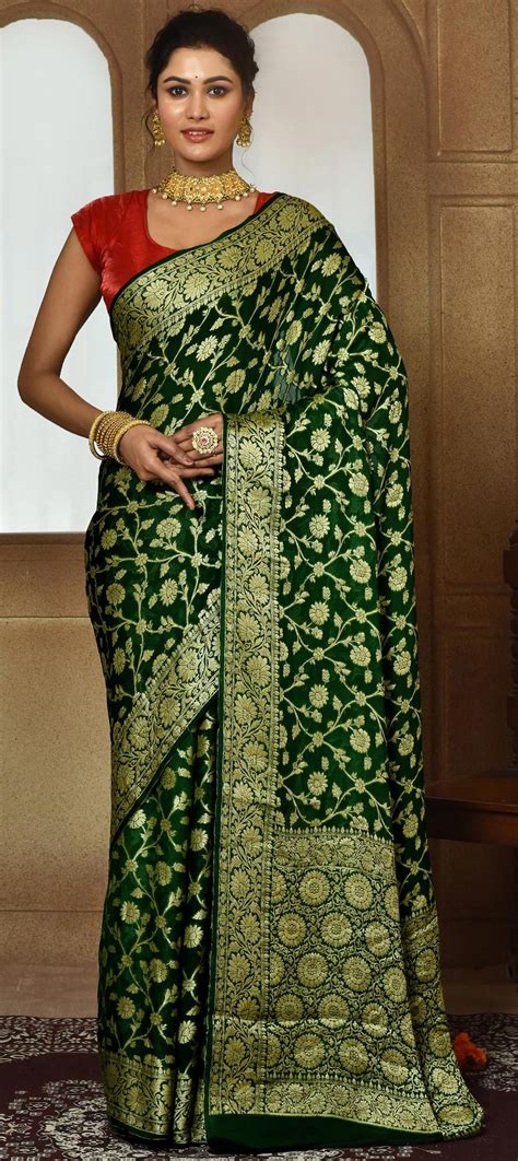 Bridal Traditional Wedding Green Color Banarasi Silk Silk Fabric