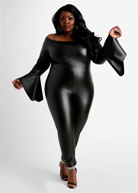 Plus Size Faux Leather Off The Shoulder Flare Sleeve Skinny Jumpsuit