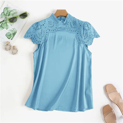 Cheap ZANZEA Women Summer Fashion Stand Collar Short Sleeve Lace