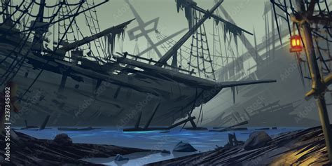 Stranded Ship. Ghost Ship. Fiction Backdrop. Concept Art. Realistic Illustration. Video Game ...