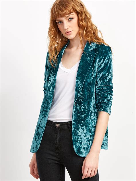 One Button Crushed Velvet Blazer Sheinsheinside