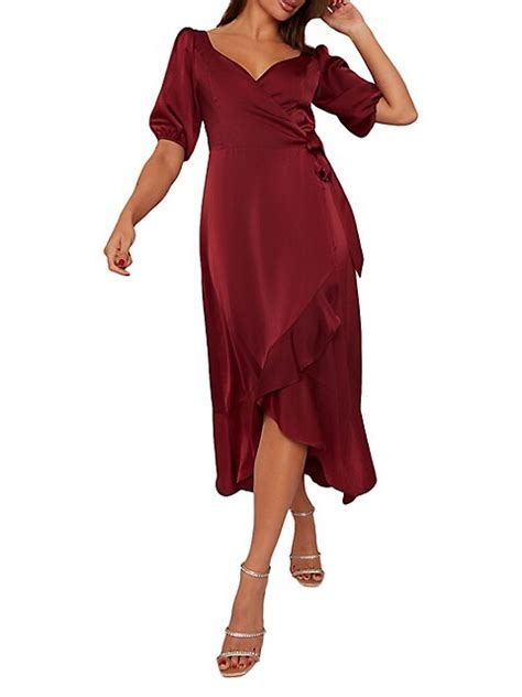 Satin Puff Sleeve Ruffle Wrap Dress