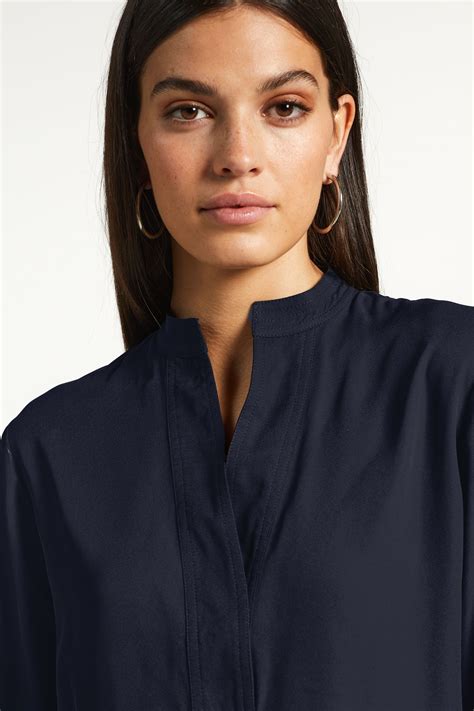 Buy Navy Blue Long Sleeve Overhead V Neck Relaxed Fit Blouse From The