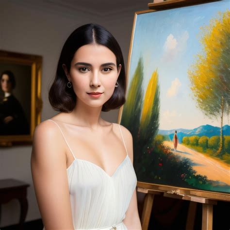 Premium Ai Image A Woman Stands In Front Of A Painting Of A Man And A