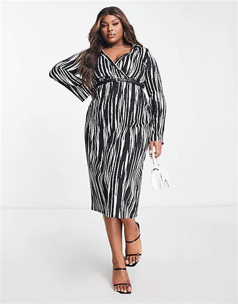 Asos Design Curve Midi Wrap Dress With Belt In Mono Abstract Print Asos