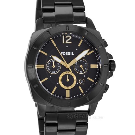 Fossil Privateer Mens Chronograph Watch Black Gold Dial Stainless