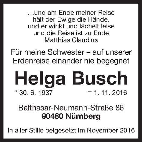 Traueranzeigen Von Helga Busch Trauer Nn De