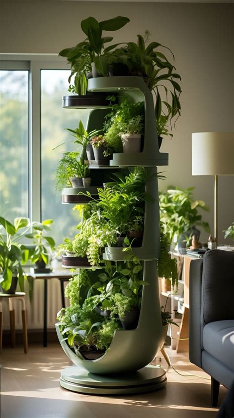 A Tall Planter Filled With Lots Of Green Plants Next To A Window In A