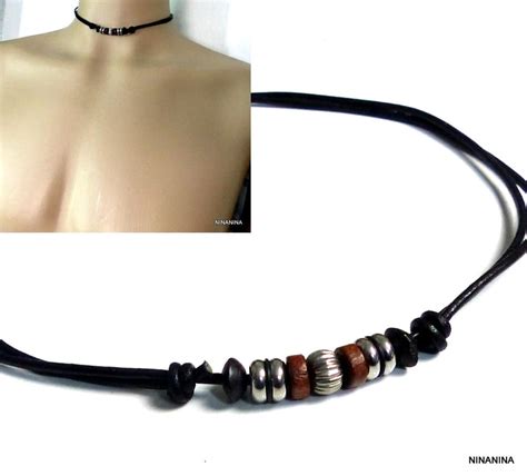 Collier Homme Cordon Cuir Bois Acier Inoxydable Ninanina