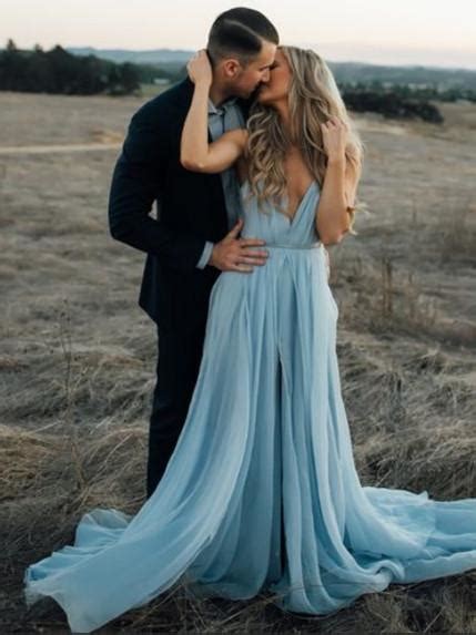 Custom Made Pale Blue Chiffon Boho Wedding Dress With Slit