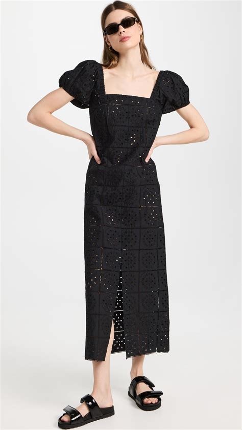 Ganni Broderie Anglaise Midi Dress In Black Lyst