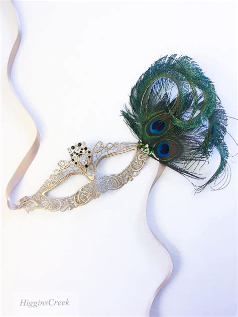 Gold Masquerade Mask With Feathers With Jewels Emerald Green - Etsy