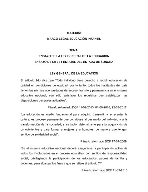 Ensayo Ley General De La Educaci N Materia Marco Legal Educaci N