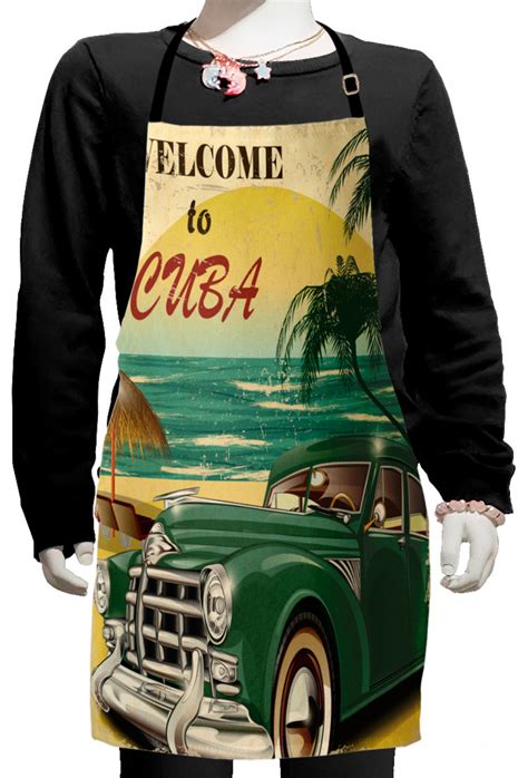 Retro Kids Apron Nostalgic Welcome To Cuba Print Classic Car Beach