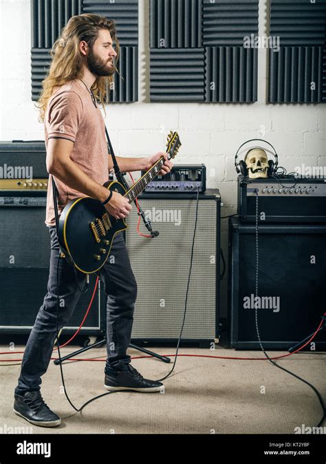 Guitarist Playing In The Recording Studio Stock Photo Alamy