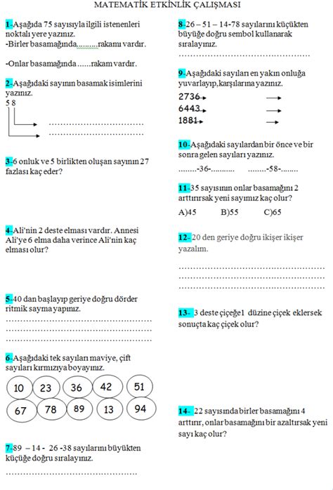 Tekrar 2 Sınıf Matematik Genel Değerlendirme Soruları kağıdı Guzelbil