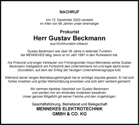 Traueranzeigen Von Gustav Beckmann Trauer In Nrw De