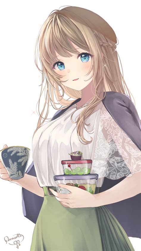 Safebooru 1girl Bangs Blonde Hair Blue Eyes Blush Braid Cup Green Skirt Grey Jacket Highres