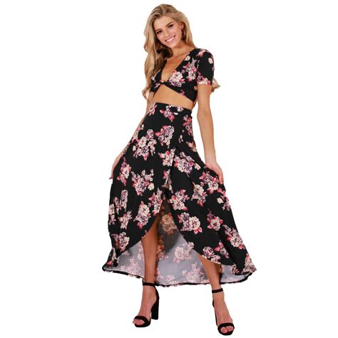 2018 Sexy Women Two Piece Set Floral Print Ladies Summer Bandage High Slit Skirt Suits Party