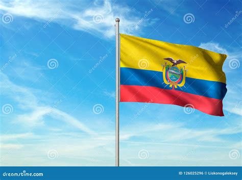 Bandera De Ecuador Que Agita Con El Cielo En El Ejemplo Realista 3d Del Fondo Stock De