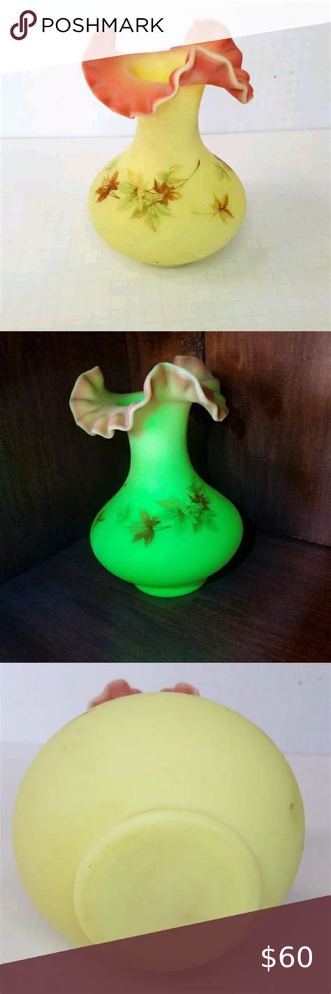 Fenton Burmese Satin Custard Glass Hand Painted Maple Leaf Ruffle Edge Vase Burmese Custard