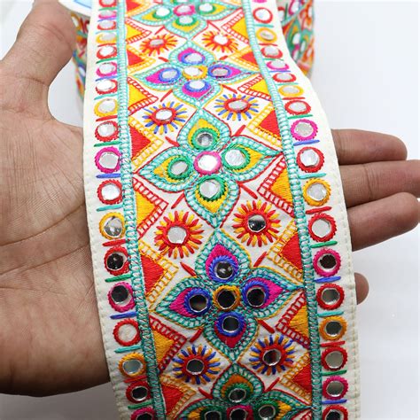 3 Inch Wide Indian Ethnic Embroidered White Sari Sewing Trim Border