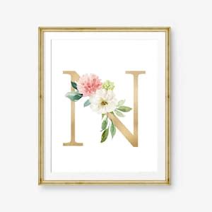 Blumen Buchstabe Print Blush Und Gold Initial N Monogramm