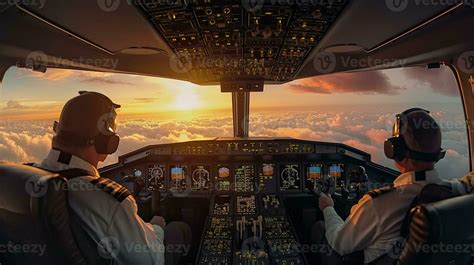 Pilots fly the plane. View from the cockpit of a modern passenger plane ...