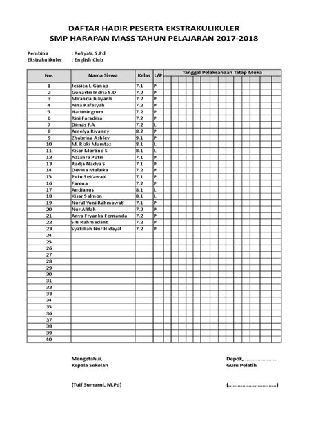 Absensi Ekskul 2017 2018 Pdf