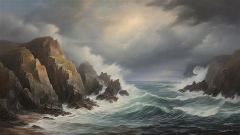 Premium Photo An Atmospheric Seascape In Oil Depicting Crashing Waves