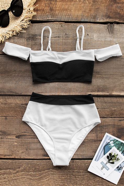Black And White Bandeau High Waisted Bikini