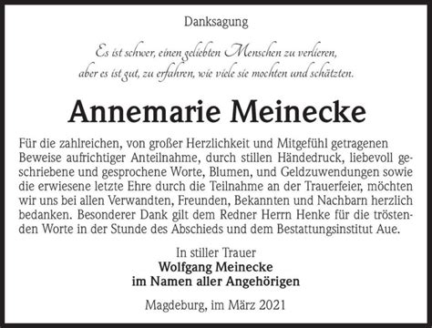 Traueranzeigen Von Annemarie Meinecke Abschied Nehmen De