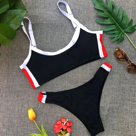 Melphieer Halter Striped Sports Bikini Push Up Swimwear Women Sexy