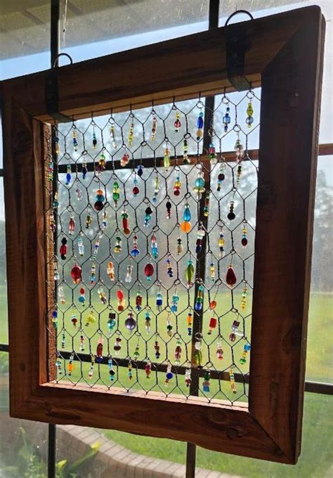 Cedar Framed Beaded Chicken Wire Suncatcher Etsy