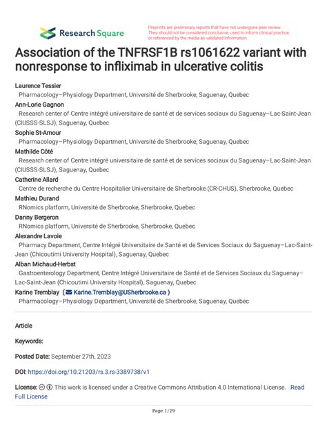 PDF Association Of The TNFRSF1B Rs1061622 Variant With Nonresponse To