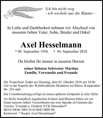 Traueranzeigen Von Axel Hesselmann Trauer In NRW De