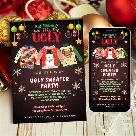 Editable Ugly Sweater Party Invitation Rustic Christmas Ugly Sweater