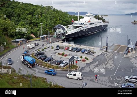 Fjord Car And Passenger Ferry Fanafjord Taking On Vehicles At The