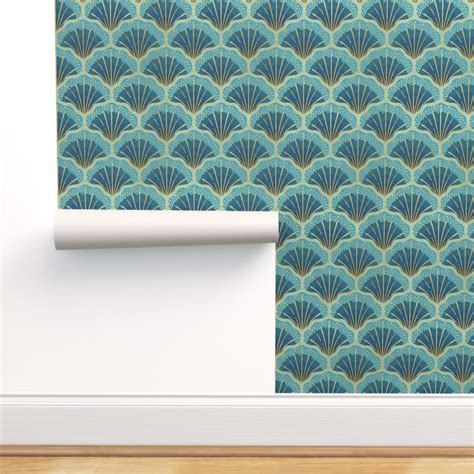 Removable Wallpaper Swatch Art Deco Seashell Blue Illustration Sea