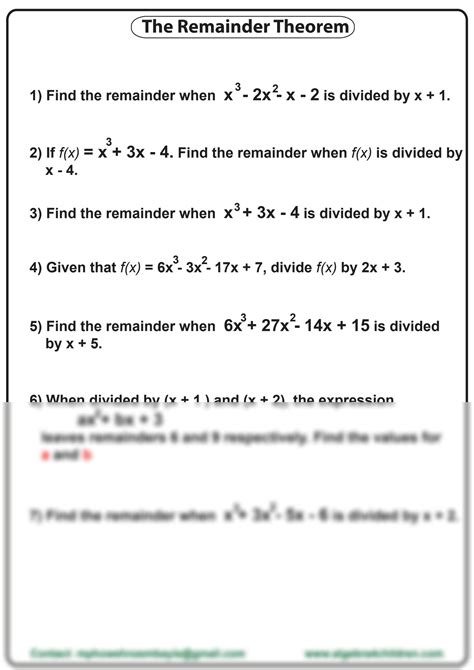 The Remainder Theorem Worksheet With Solutions Teaching Resources