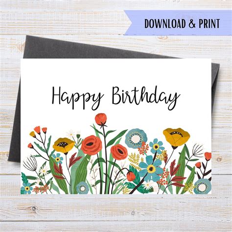 Happy Birthday Card With Flowers Printable Birthday Card - Etsy