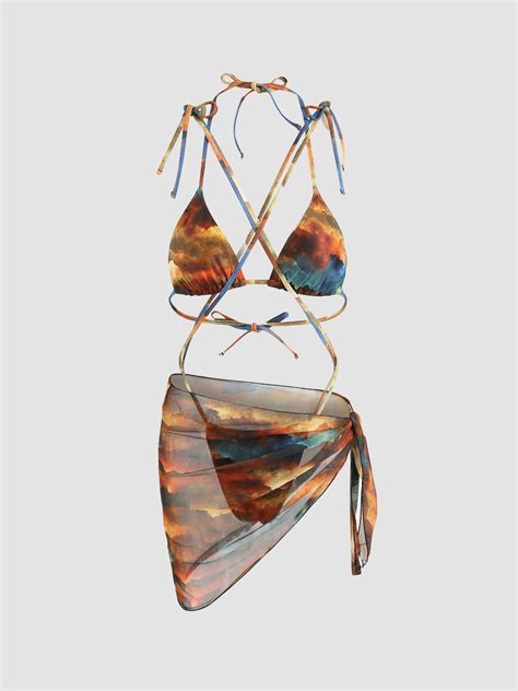 Marble Print Triangle Bikini Set Sarong Cider