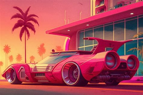 Carro Futurista Retr E Palm No Estilo Dos Anos Ilustra O De