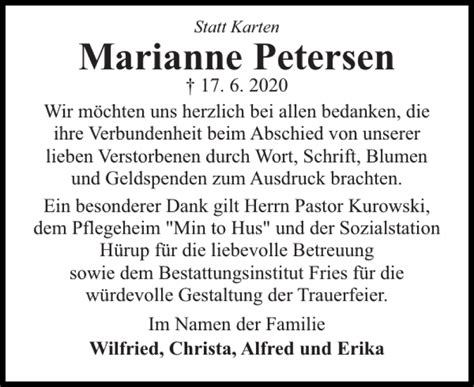 Traueranzeigen Von Marianne Petersen Sh Z Trauer