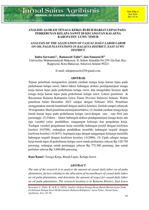 Pdf Analisis Alokasi Tenaga Kerja Buruh Harian Lepas Pada Perkebunan