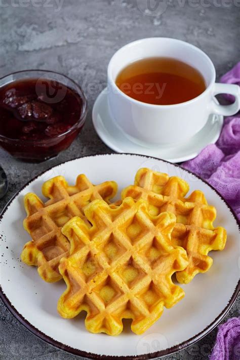 Sweet Pumpkin Waffles With Strawberry Jam Delicious Breakfast With